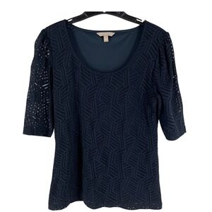 Banana Republic Midnight Blue Black Lace Top Womens Large Puff‎ Sleeve Lined